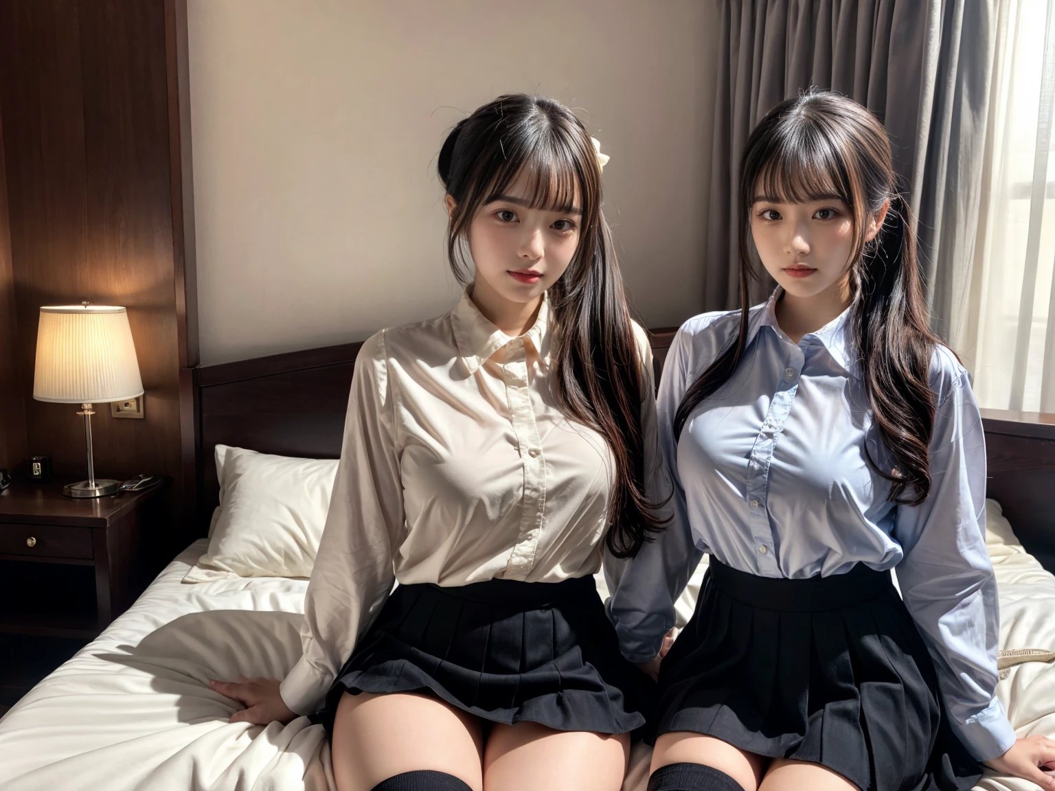 (8K, RAW Photos, Highest quality, masterpiece:1.2), (professional photography, full colors, studio-caliber color grading), (Gravure quality for high-end fashion magazines), (2 girls), BREAK,18 year old girl, (fluffy ponytail:1.2), Big Natural Color Lip, Plumpy body, (smooth skin:1.1), huge breasts, BREAK, (collared shirt:1.1), pleated skirt, knee high socks, BREAK, hotel room, cute , ta