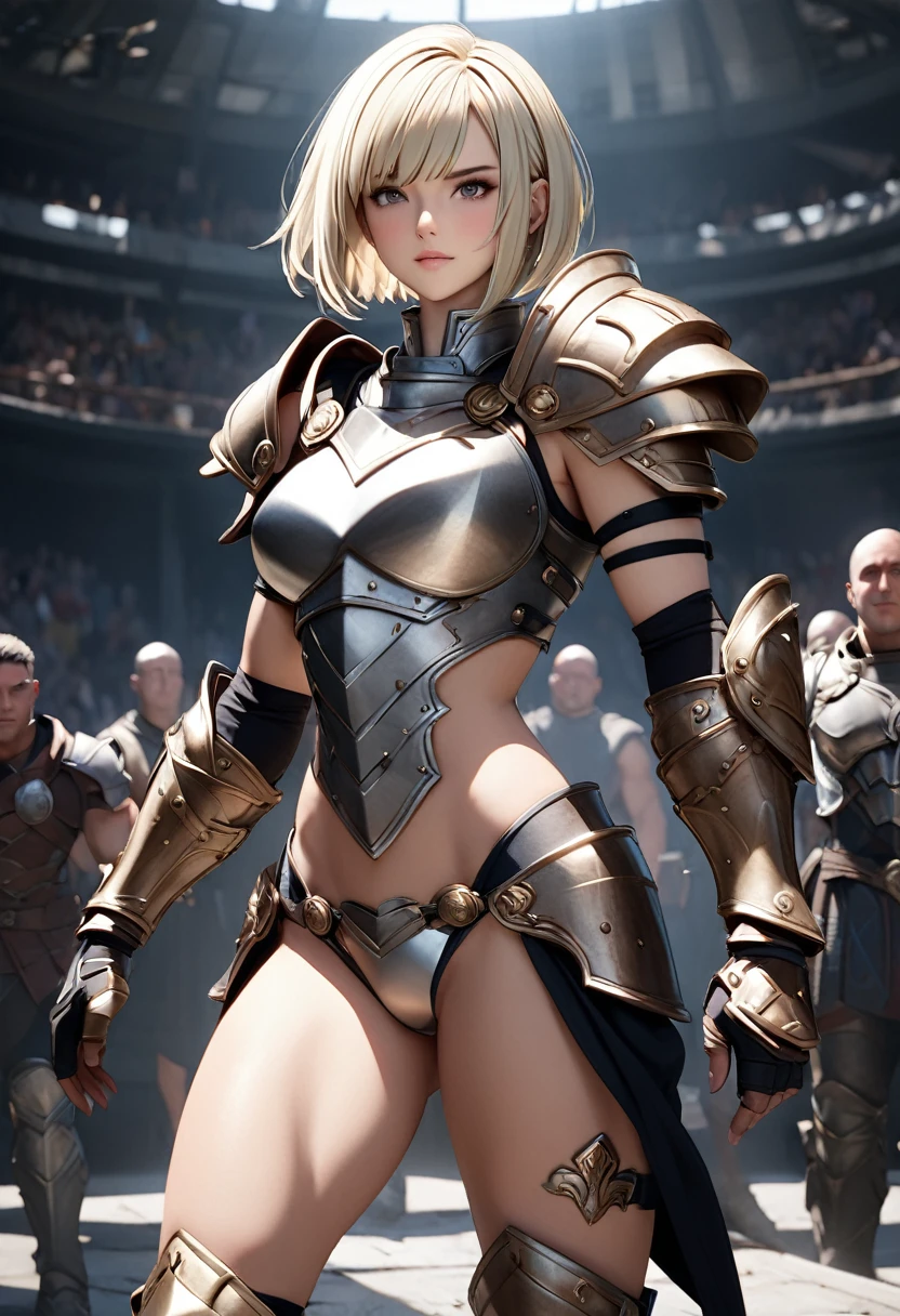 (((Highest quality: 1.4))),(An unparalleled masterpiece), (Ultra-high resolution),(Ultra-realistic 8K CG), (((Adult body))), (((One Girl))), ((( Bob Short Hair ))), A gladiator with a perfect physique,,Beautiful and well-groomed face,Muscular body:1.4,A detailed breastplate, Gauntlet、standing, (Head to thigh image),(( White Blonde Bob Short Hair )),, Simon Bisley's urban brutalist style,Ancient Rome detailed background,Beautiful Abs, Complex Equipment, Dark brown with white stars and grey and white stripes,,,armor, Venom Tattoo, Devil wings on the back