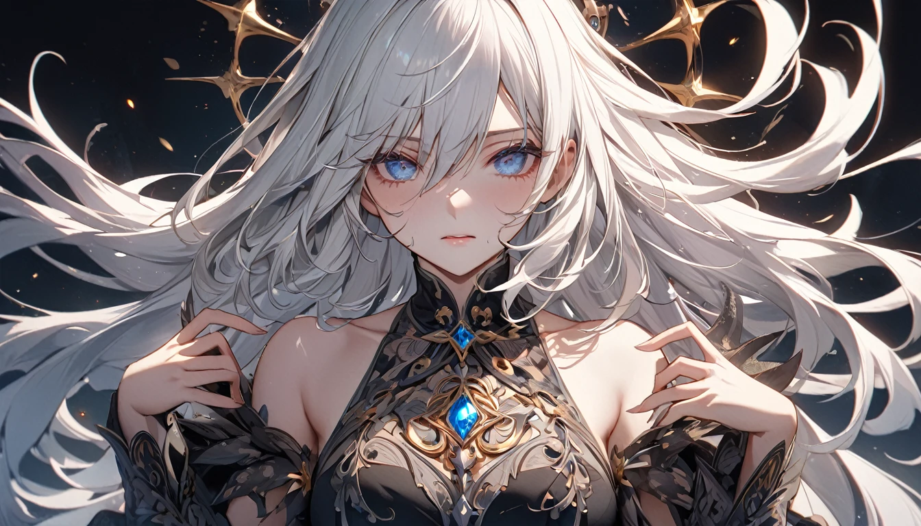 **126. One person。mysterious。Long-haired white-haired girl。Cowboy shot or close-up。
masterpiece , best quality , ultra detailed
(Detailed fingers), (Emotional), (Breathtakingly beautiful), (main part: 1.2 Whole body.), (Anime Style), (Very detailed), (Brutal), (超High resolution, High resolution), (8k), (High resolution: 1.2), (Complex and beautiful: 1.2)**
- background: Casino at night、The roulette spins。
- Long-haired white-haired girl: A gorgeous dress with delicate details、Sparkling Eyes。holding roulette chips in hand。
- Effects: Light emitted from the chip、Tension in the casino。