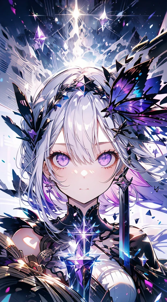 1girl with beautiful face and body, silver very long hair, dark purple eyes, purple hair, cute face, wearing a purple shiny crystal dress, with amethyst jewellery