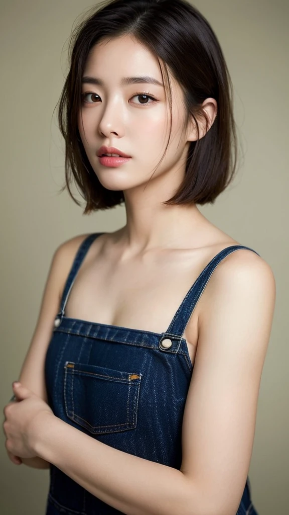 (((masterpiece))), (((highest quality: 1.4))), ((Very detailed: 1.4)) , (Full Body Shot), (Shot from the side), ((One Woman)), Incredible beauty、Voluptuous mature woman、((nude、Wearing a over-alls))、 Perfect look,double eyelidの目,Delicate makeup,Cool Beauty, Accurately expresses details such as face and skin texture,(The most beautiful face and eyes), double eyelid,Delicate skin,