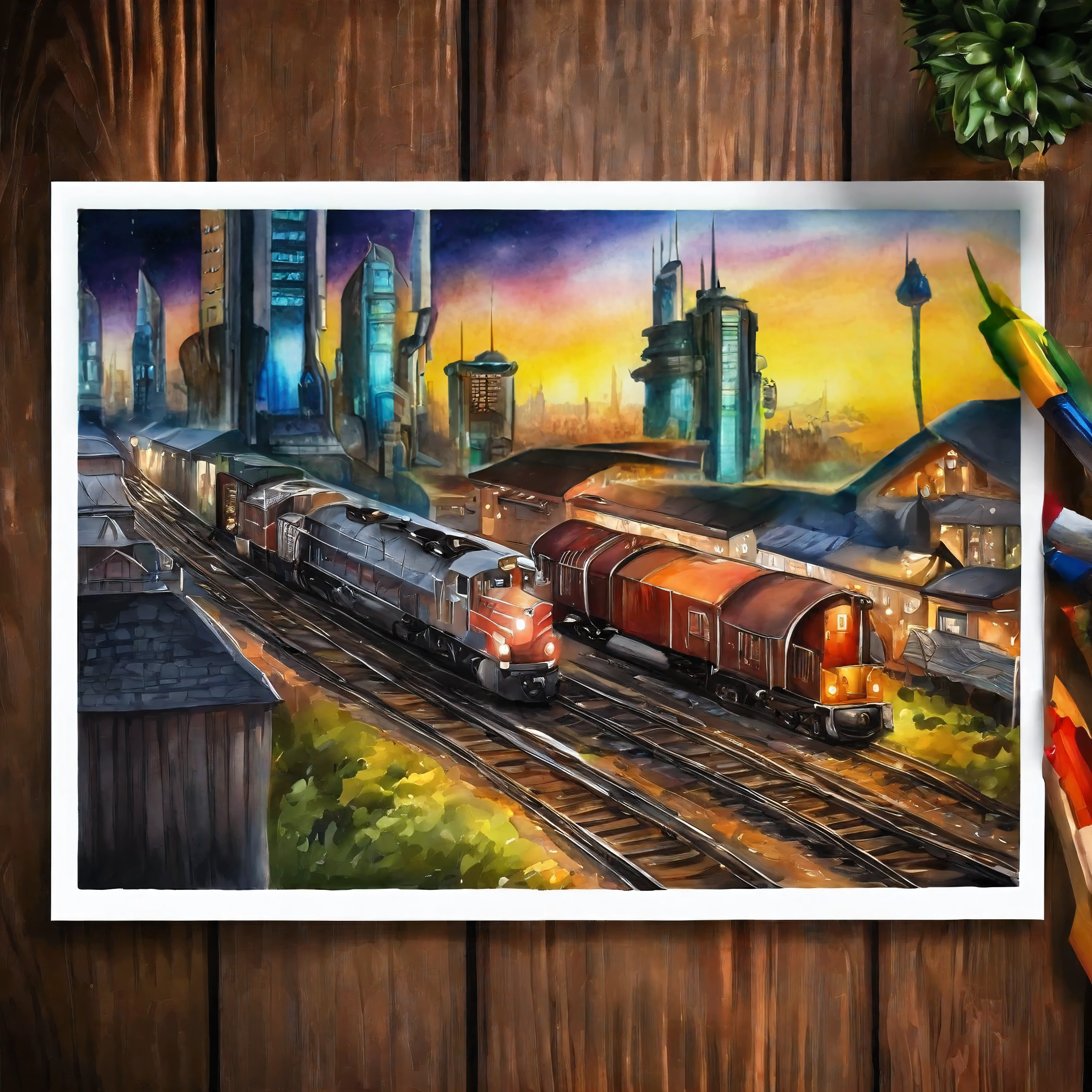 future city, 2077, modern, watercolor, painting,