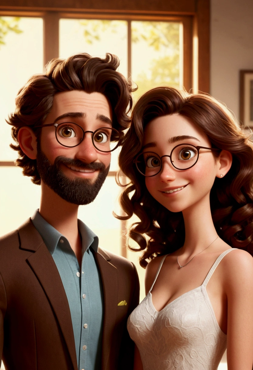 An illustration of two agers dancing , formed by a short girl, with beautiful expressive eyes - the boythe skin is brown and the boyHis hair is black and he has fun, while the girl's skin is white and her hair is curly and long brown. They are on transparent background, each with a smile on their face, dancing celebrating, Perceptions. Illustrate this scene from a perspective where they are in motion, Smiling and showing your connection. Develop this art in Full HD, Focus on your cinematic talent, Estilo Disney Pixar Animations