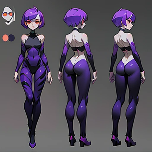 Slim woman with pronounced hips y
And gray skin, with Short purple hair and bop style cut, small black lips, big red eyes , in black body paint , in various views (front and back) (full body) ((Character sheet))