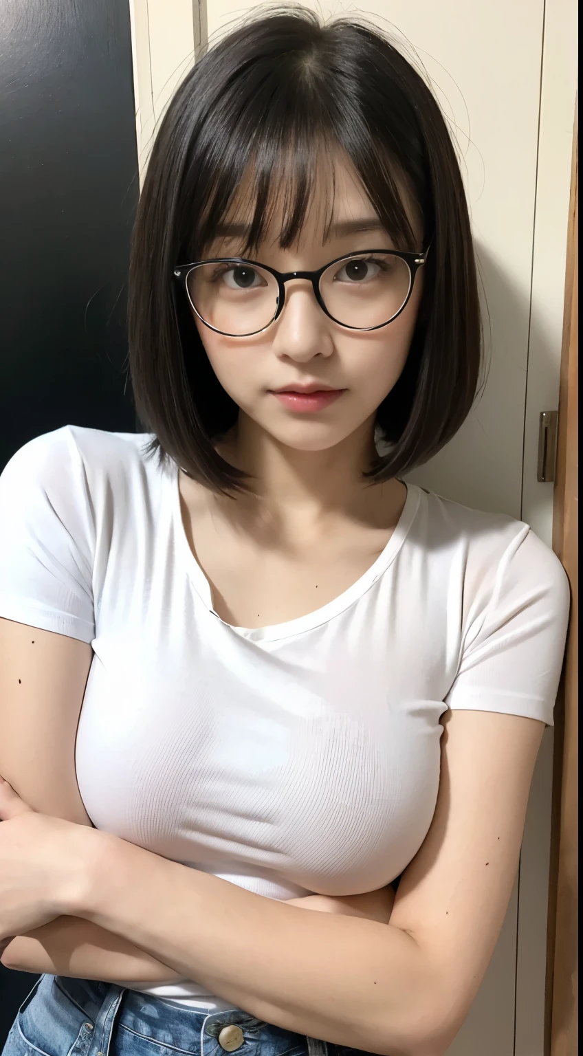 Detailed face、Detailed eyes、Detailed mouth、Detailed nose、(Big Breasts、No makeup、Black-rimmed glasses、Black hair bob cut、Bangs、sober:1.3)、girl、beautiful girl、Japanese women、、high school girl、若いgirl、soberな顔立ち、No makeup、high school student、Large Breasts、Tight white t-shirt、Single、jeans、Cross your arms