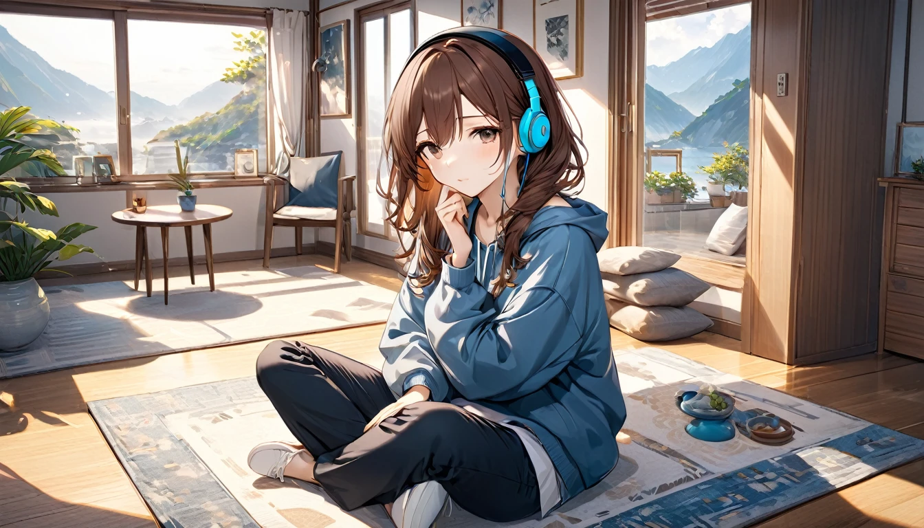 Brown-haired girl wearing headphones、Silence of the Mind - Very detailed、masterpiece, Highest quality, Bright - with a quiet room in the background、Meditative facial expressions、Casual clothing、Relax and sit
(Detailed fingers), (Emotional), (Breathtakingly beautiful), (main part:1.2 Whole body), (Anime Style), (Very detailed), (超High resolution, High resolution), (8k), (Complex and beautiful: 1.2)