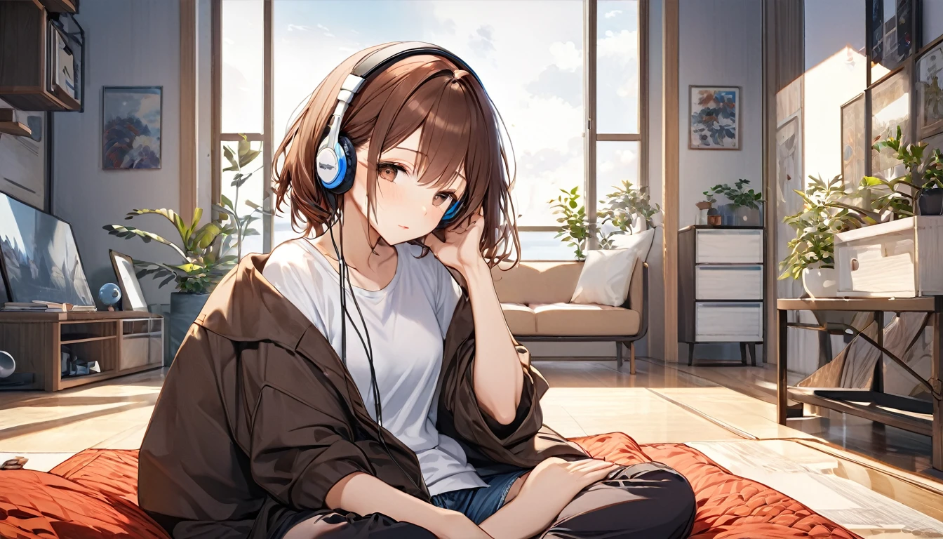 Brown-haired girl wearing headphones、Silence of the Mind - Very detailed、masterpiece, Highest quality, Bright - with a quiet room in the background、Meditative facial expressions、Casual clothing、Relax and sit
(Detailed fingers), (Emotional), (Breathtakingly beautiful), (main part:1.2 Whole body), (Anime Style), (Very detailed), (超High resolution, High resolution), (8k), (Complex and beautiful: 1.2)
