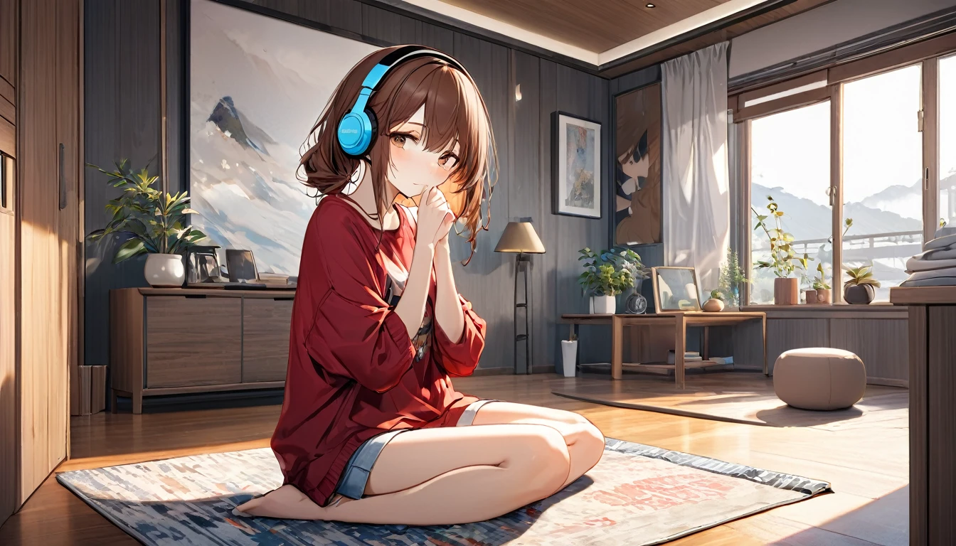Brown-haired girl wearing headphones、Silence of the Mind - Very detailed、masterpiece, Highest quality, Bright - with a quiet room in the background、Meditative facial expressions、Casual clothing、Relax and sit
(Detailed fingers), (Emotional), (Breathtakingly beautiful), (main part:1.2 Whole body), (Anime Style), (Very detailed), (超High resolution, High resolution), (8k), (Complex and beautiful: 1.2)
