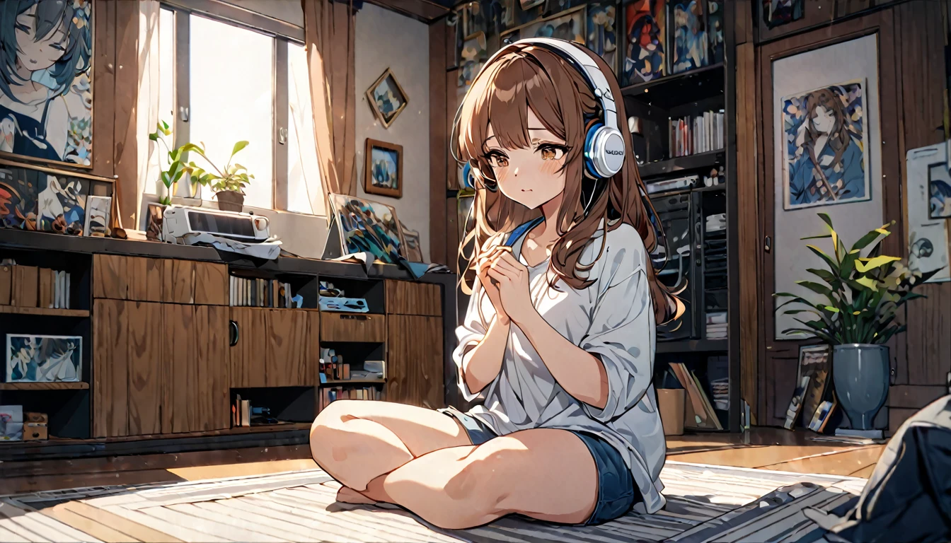 Brown-haired girl wearing headphones、Silence of the Mind - Very detailed、masterpiece, Highest quality, Bright - with a quiet room in the background、Meditative facial expressions、Casual clothing、Relax and sit
(Detailed fingers), (Emotional), (Breathtakingly beautiful), (main part:1.2 Whole body), (Anime Style), (Very detailed), (超High resolution, High resolution), (8k), (Complex and beautiful: 1.2)