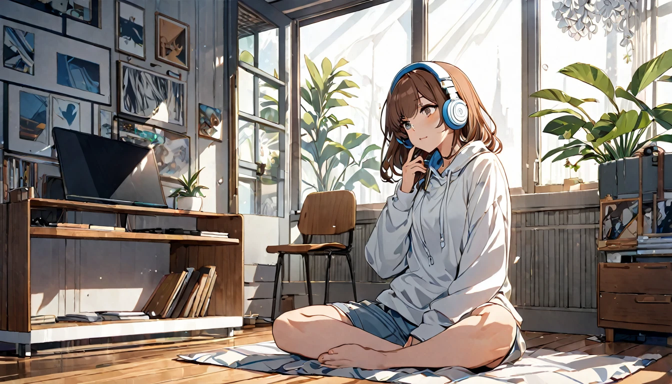 Brown-haired girl wearing headphones、Silence of the Mind - Very detailed、masterpiece, Highest quality, Bright - with a quiet room in the background、Meditative facial expressions、Casual clothing、Relax and sit
(Detailed fingers), (Emotional), (Breathtakingly beautiful), (main part:1.2 Whole body), (Anime Style), (Very detailed), (超High resolution, High resolution), (8k), (Complex and beautiful: 1.2)
