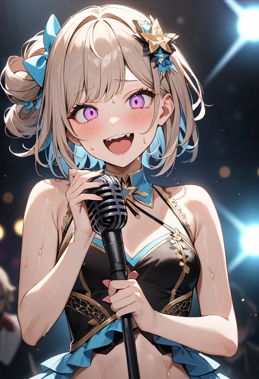 (masterpiece, top quality, very aesthetic, 4k、illustration), intricate detail, 1woman,、solo,contrapposto 、,(upper body)、(Scream),Cute、、Hold the microphone、crazy smile、shout、Random Hairstyle、Random Hair Color、,middle hair,sidelock ,Random Color　eyes、idol clothes、small breasts、Slim 、Sweat