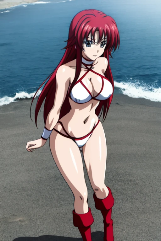 masterpiece, best quality, beautiful art, high resolution, well formed hands, body and fingers, 1 woman, solo, Rias Gremory, full body picture, grown up, adult, large and rounded ed, cleava ornament, wearing a Tyris Flare outfit ,  white_bikini, full body, sexy and skimpbikini, gorgeous  hips, legs and thighs bouncing breasts, red bootg exercise, warming up, working out, sexy and captivating trang, smiling joyfully and happily , looking at the viewer, , sweating , bouncing breasts, bikini thong,  traontage session, beach environment                
