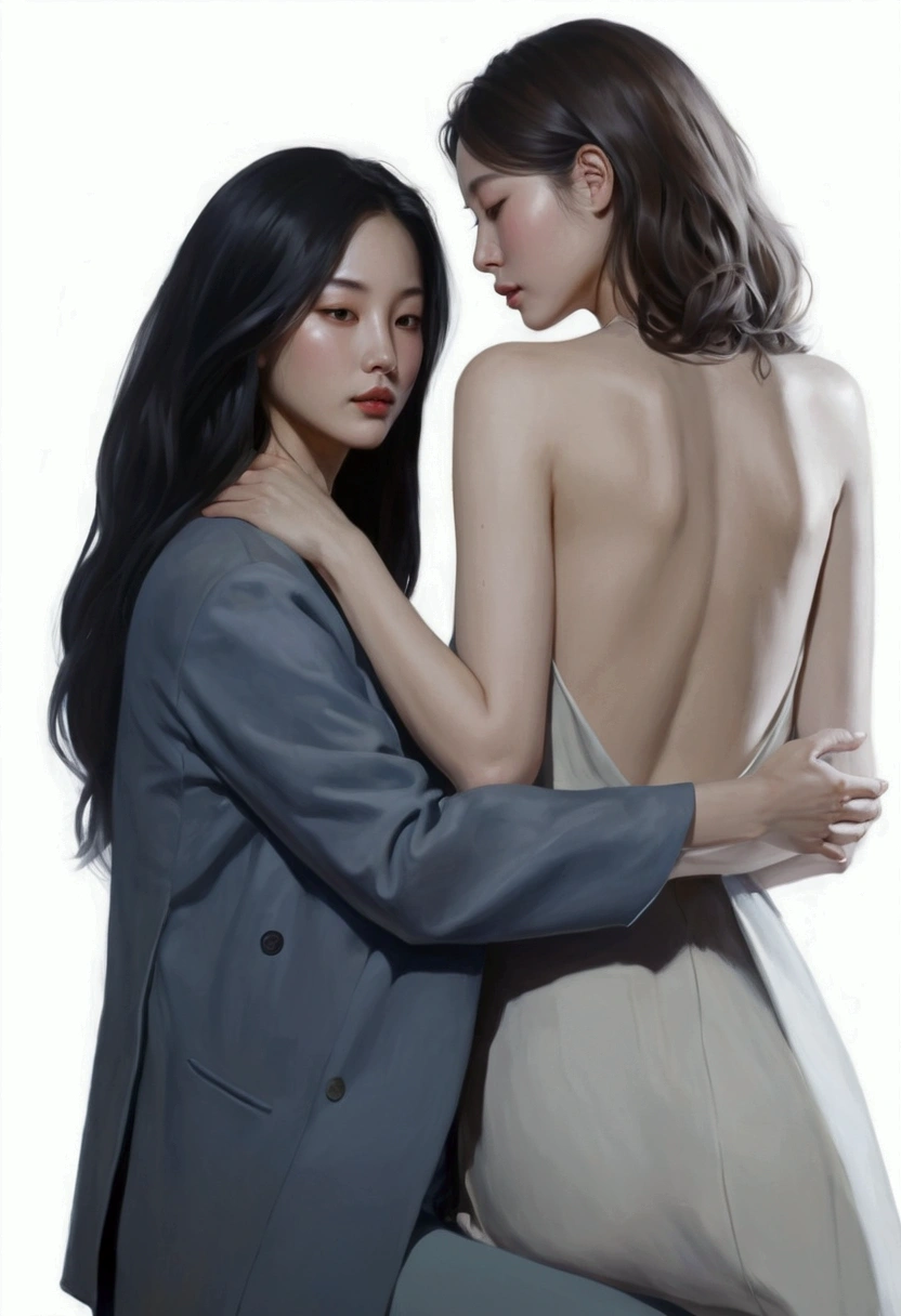 painting of two women hugging each other in a pose, Lesbian Art, โดย Jeong Seon, In the art form of the pond, two women, Spectacular painting, A woman holds another woman., By Li Song, two women, Lesbian embrace, Inspiration from Kim Deuksin, By Nil Gleyen, Style in digital painting, By Yang J