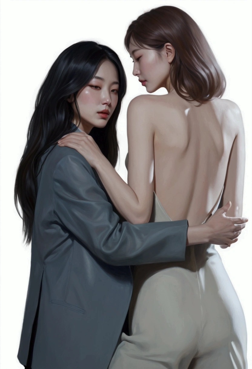 painting of two women hugging each other in a pose, Lesbian Art, โดย Jeong Seon, In the art form of the pond, two women, Spectacular painting, A woman holds another woman., By Li Song, two women, Lesbian embrace, Inspiration from Kim Deuksin, By Nil Gleyen, Style in digital painting, By Yang J
