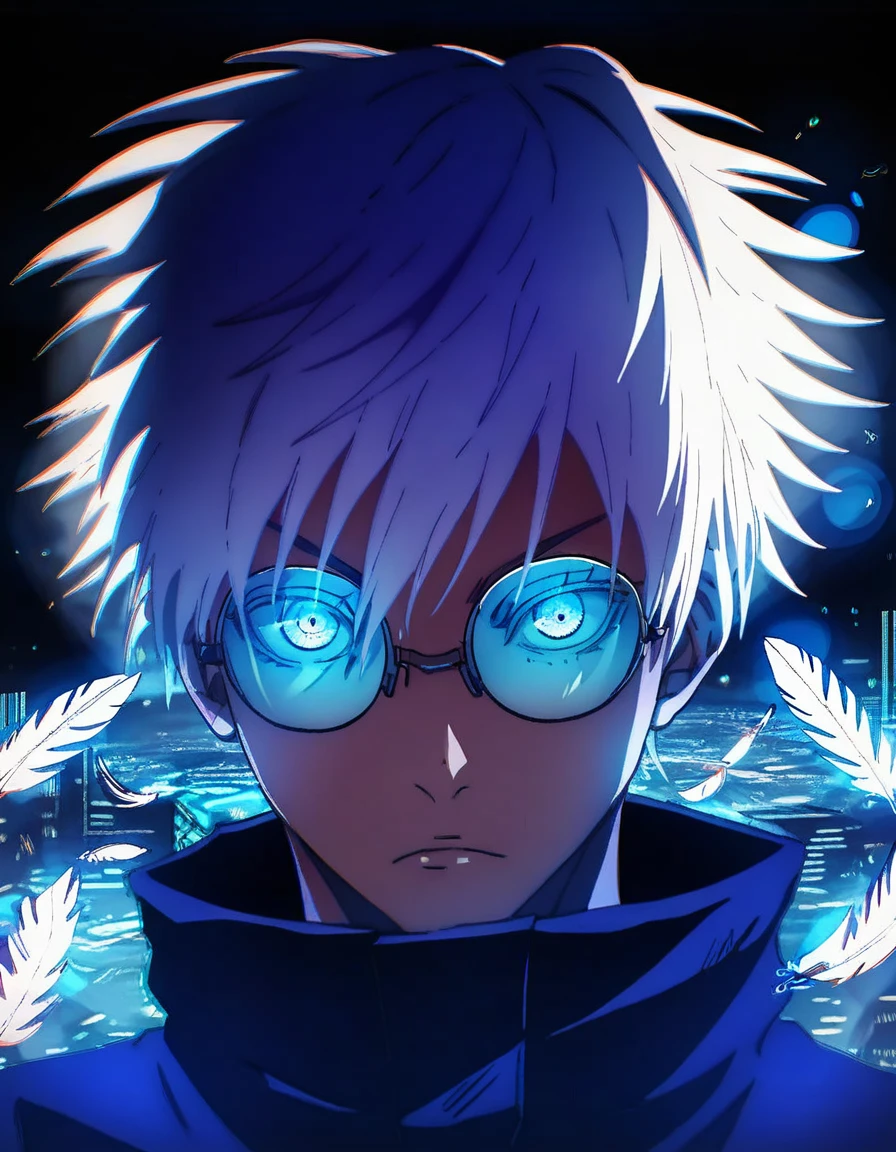 (score_9, score_8_up, score_7_up), zPDXL, 1 boy, alone, looking at viewer, simple warm colored background, neon blue eyes, city background, short hair, white hair shining, broken glasses, lenses, neon blue feathers falling, serious look, determination, dark aura, front view, masterpiece, best quality, hyper detailed, cinematic light, intricate detail, high resolution, official art, detailed glow, blue light feathers, the pupil of the eyes with detailed structures, dark atmosphere, neon blue feathers, diffraction spike, vibrant colors, concept artist, electronic links, falling feather, upper half body, satoru gojo, black outfit, cabe, city night background, red and blue energy, wallpaper, cinematic, 8K high resolution, bright light lighting, lens flare, sharpness, masterpiece, top quality, ultra-high definition, high resolution, extremely CG details, movie photography, masterpiece, hyper detail, light attack, blue and red  They give purple, infinity, throw light, energy attack,