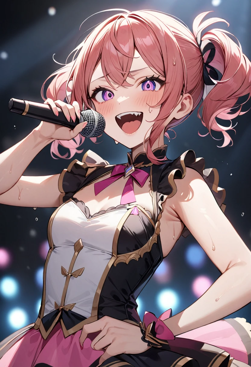 (masterpiece, top quality, very aesthetic, 4k、illustration), intricate detail, 1woman,、solo,contrapposto 、,(upper body)、(Scream),Cute、、Hold the microphone、crazy smile、shout、Random Hairstyle、Random Hair Color、,middle hair,sidelock ,Random Color　eyes、idol clothes、small breasts、Slim 、Sweat