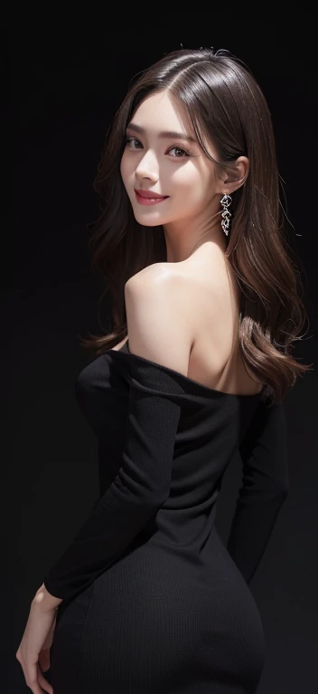 (((masterpiece:1.4, Highest quality:1.4, 8k, Ultra-high resolution, Physically Based Rendering))), Portraiture, Super beautiful sexy woman, 24-years-old, Large eyes with great detail, Fine thin eyebrows, Eye highlights, half-up dark brown hair, Highly detailed face and skin texture, Clear focus:1.2, Slender beauty:1.4, Slim Abs, Tight waist, (A kind smile:1.2), Are standing, Tight transparent black knit dress, Off the shoulder, No sleeve, ((Simple dark background, Backlight:1.1)),