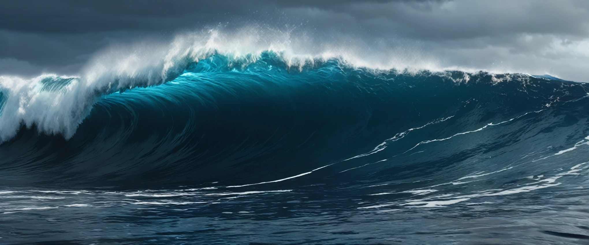 Ocean Blue Color, Long Shot, Rendered with Unreal Engine 5, Realistic, detailed, super high quality, Dark Sky, not human, No living creatures, There is no Earth, No rocks, Pacific,Giant Wave,Gust of