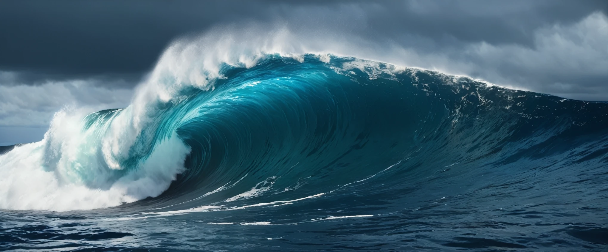 Ocean Blue Color, Long Shot, Rendered with Unreal Engine 5, Realistic, detailed, super high quality, Dark Sky, not human, No living creatures, There is no Earth, No rocks, Pacific,Giant Wave,Gust of