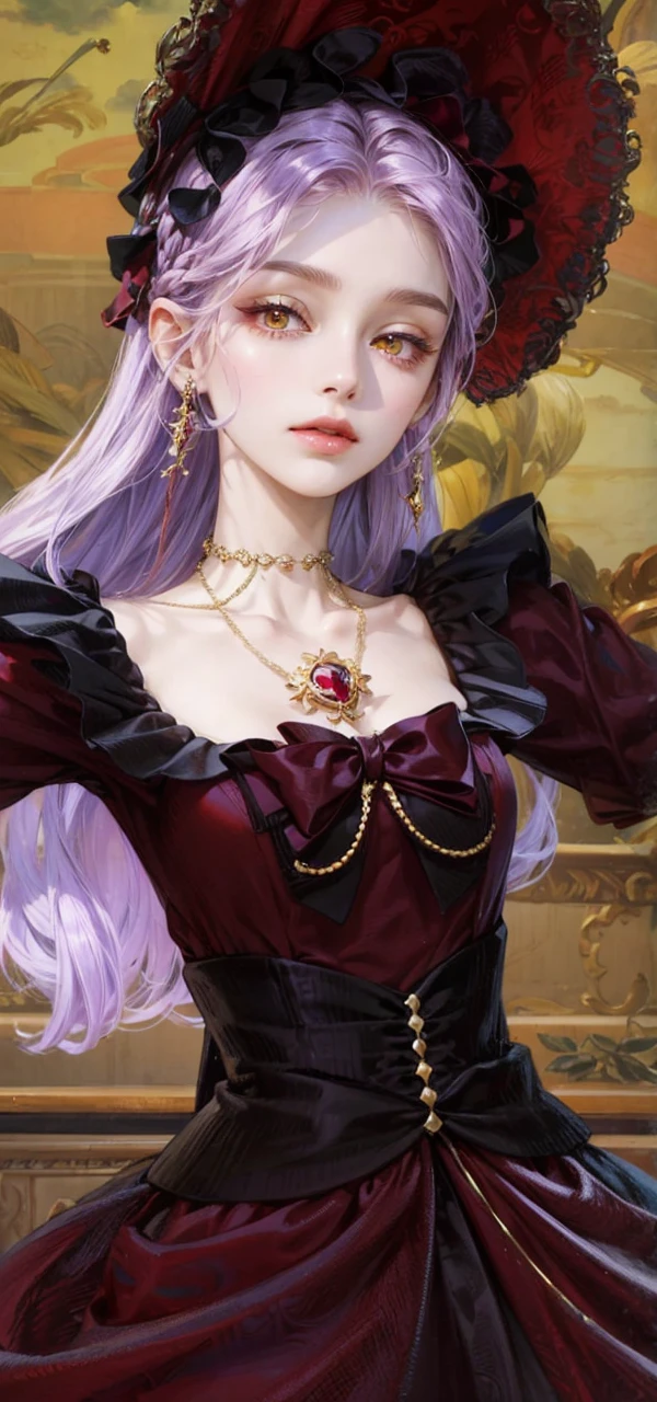 (masterpiece, top quality, best quality, official art, enchanting and aesthetic:1.2), 1female, violet hair, royal braided hair, golden yellow eyes, dark and red dress, red and gold jewelry, high quality details, 4k eyes, violet hair, long violet hair, very long hair