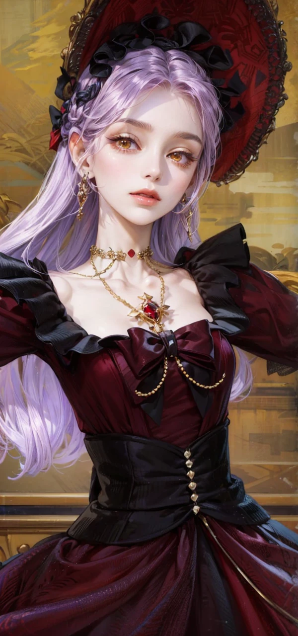 (masterpiece, top quality, best quality, official art, enchanting and aesthetic:1.2), 1female, violet hair, royal braided hair, golden yellow eyes, dark and red dress, red and gold jewelry, high quality details, 4k eyes, violet hair, long violet hair, very long hair
