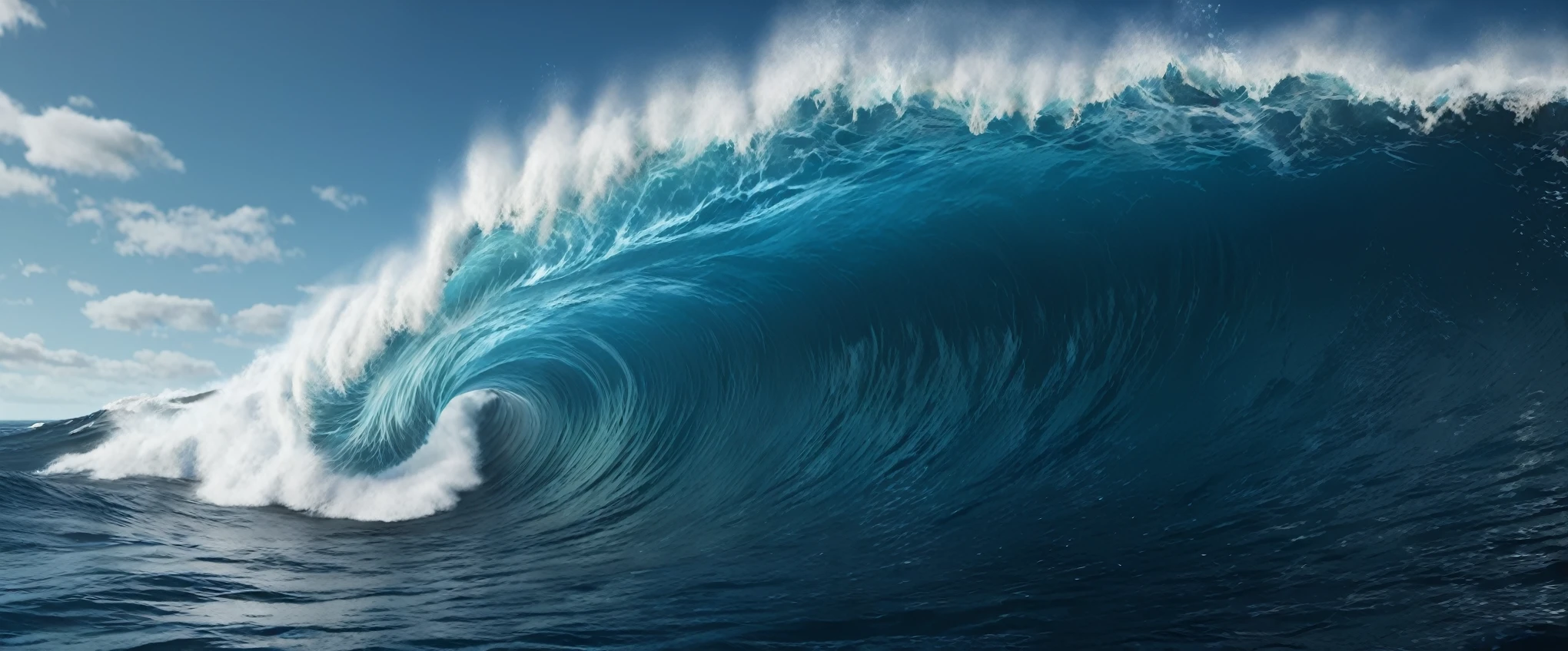 Ocean Blue Color, Long Shot, Rendered with Unreal Engine 5, Realistic, detailed, super high quality, Dark Sky, not human, No living creatures, There is no Earth, No rocks, Pacific,Giant Wave,Gust of