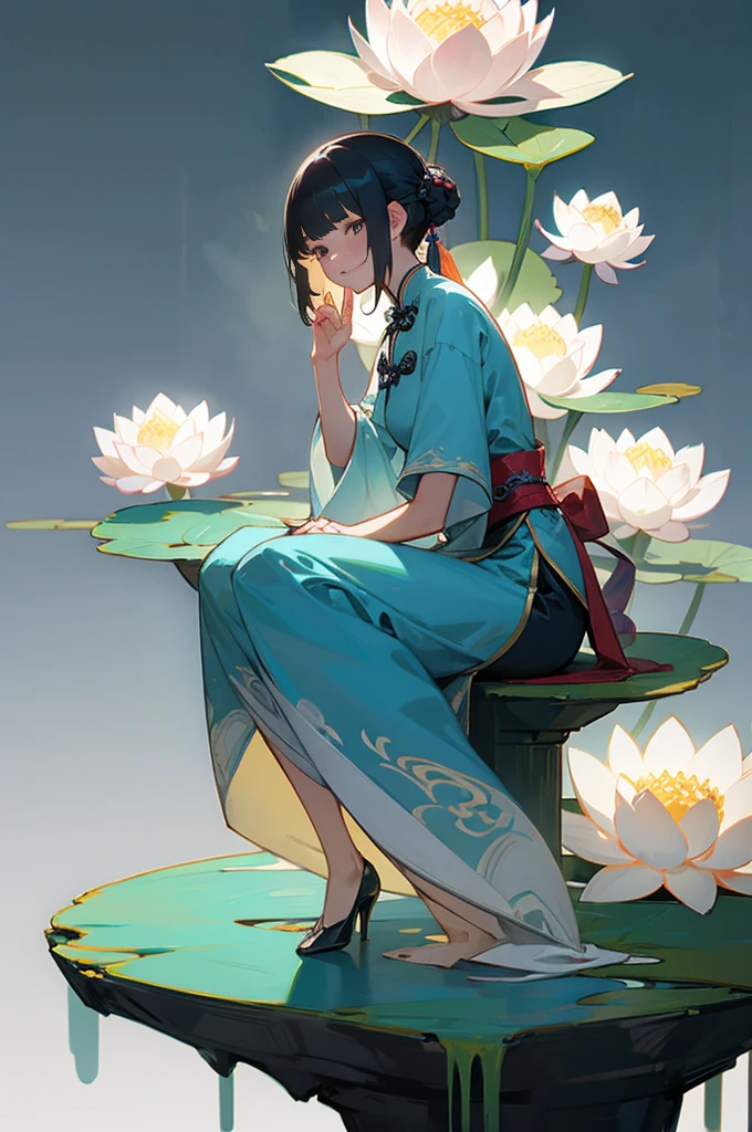 Ancient Chinese beauty sitting on a stone, Wearing ancient Chinese costumes, Flowing blue tulle, light silk, Lazy pose, Big lotus leaf, Lotus flower, Ink painting style, Beautiful colors, The decisive cut, blank, free-hand, masterpiece, Very detailed, A magnificent composition, high quality, 最high quality, 4k --v6