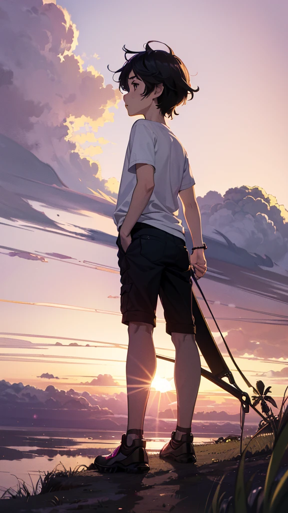 The most beautiful works of art in the world(Highly detailed CG Unity 8k wallpaper)"A young boy silhouetted against a vibrant sunset, standing on a grassy hilltop. Sky filled with pink and purple clouds, anime-inspired style.