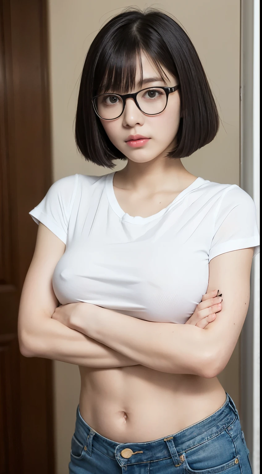 Detailed face、Detailed eyes、Detailed mouth、Detailed nose、(Big Breasts、No makeup、Black-rimmed glasses、Black hair bob cut、Bangs、sober:1.3)、girl、beautiful girl、Japanese women、17 years old、high school girl、若いgirl、soberな顔立ち、No makeup、high school student、Large Breasts、Tight white t-shirt、Single、jeans、Cross your arms、belly button、Abdominal muscles