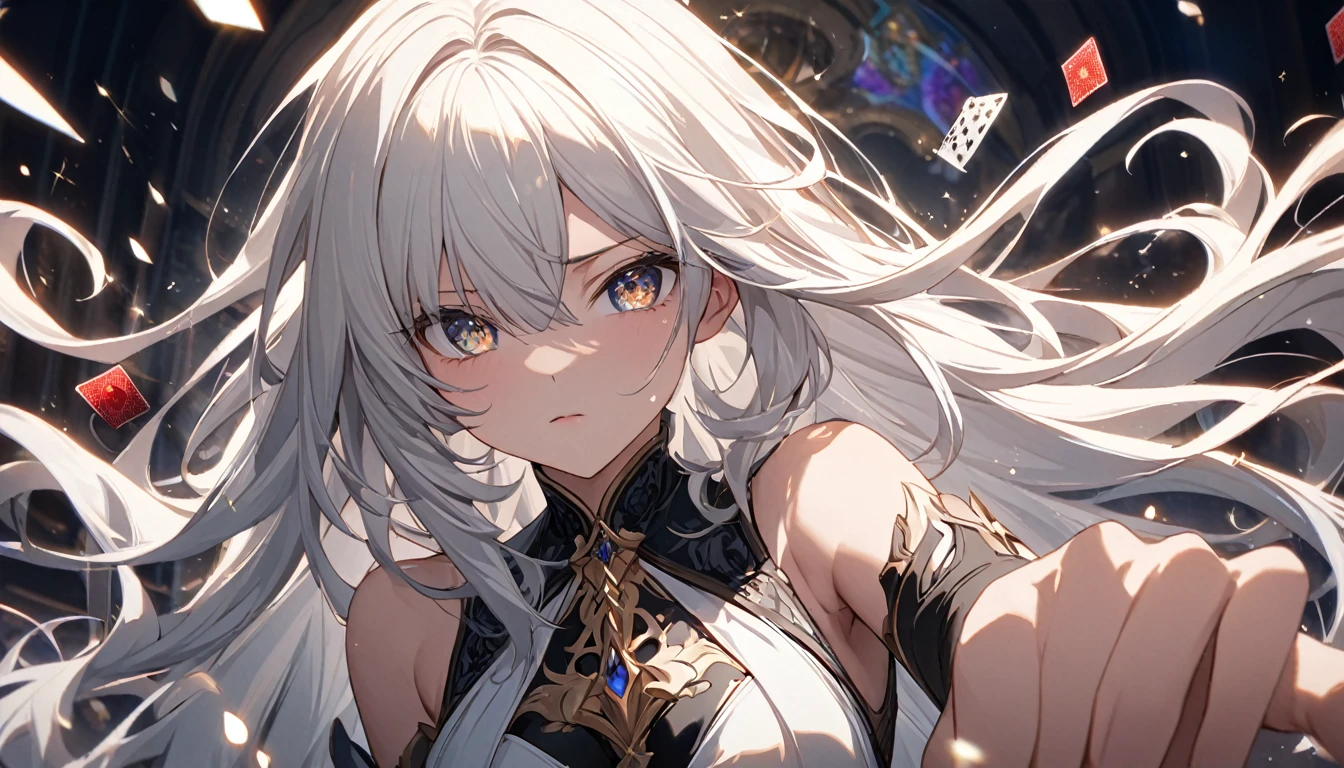 **128. One person。mysterious。Long-haired white-haired girl。Cowboy shot or close-up。
masterpiece , best quality , ultra detailed
(Detailed fingers), (Emotional), (Breathtakingly beautiful), (main part: 1.2 Whole body.), (Anime Style), (Very detailed), (Brutal), (超High resolution, High resolution), (8k), (High resolution: 1.2), (Complex and beautiful: 1.2)**
- background: Casino at night、Blackjack tables lined up。
- Long-haired white-haired girl: Delicately drawn elegant casino dress、Sparkling Eyes。He has an ace card in his hand。
- Effects: Light emanating from the card、Casino excitement。