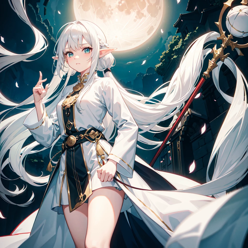 1 elf girl, white long hair, twin ponytail, emerald eyes, wearing white magician dress and robe, black belt, black long socks, brown boots, holding red moon staff, casting spells in a castle, high res, ultrasharp, 8k, masterpiece