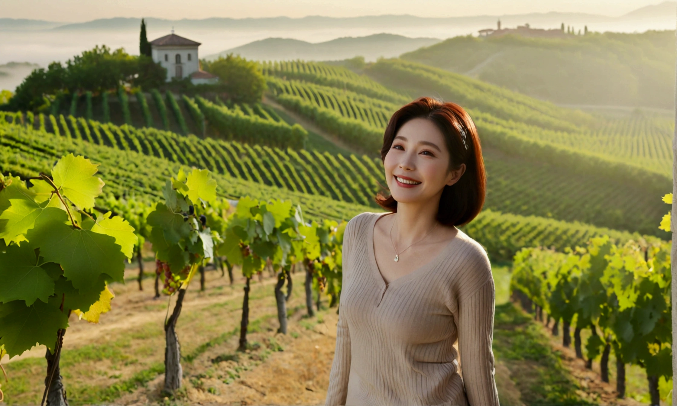 Italy foggy countryside dawn, Endless vineyards, A cathedral can be seen far away in the fog.. Korean woman in her 40s, Wearing a luxury brand slightly thick knit and T-shirt, casual pants, Korean woman with short and medium hair, hair is beautiful. Standing on a path on top of a vineyard hill, Beautiful Korean woman with bright and clear skin, the neck is long and beautiful. Inspired by Yoo Ji-in. Beautiful Korean woman smiling, standing in the vineyard,1 woman, Your eyes are big and pretty, standing on a hill in a vineyard, 1 woman, Clear picture quality, Fair skin and no wrinkles on the neck, The eyes are clear and big, Hair texture is clean and shiny, eyes are big, three dimensional grape leaves, Put your hands in your pockets, Beautiful woman like a model