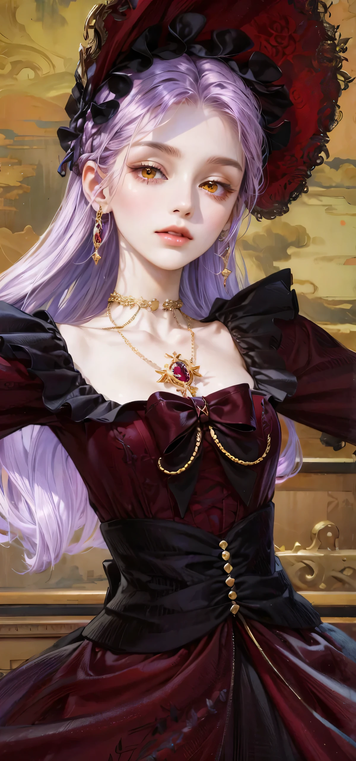(masterpiece, top quality, best quality, official art, enchanting and aesthetic:1.2), 1female, violet hair, royal braided hair, golden yellow eyes, dark and red dress, red and gold jewelry, high quality details, 4k eyes, violet hair, long violet hair, very long hair