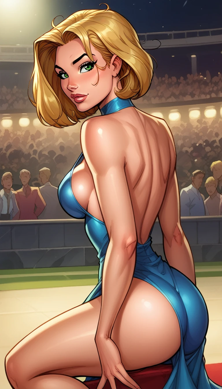 Score_9, score_8_up, score_7_up, rating explicit, detailed soft lighting, 1girl, solo, BREAK (AchaseDG:1.2), large breasts, (hort hair, blonde hair, messy hair, green eyes:1.1), wearing (blue dress:1.3), sideboob, naughty expression, beautiful eyes, open eyes, BREAK awards show, red carpet, big crowd, (masterpiece, best quality, highly detailed, beautiful), (three quarter shot).