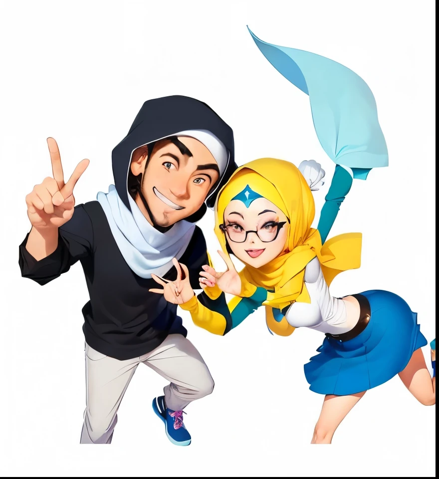 cartoon of a man and woman with hijab making the peace sign, couple pose, in cartoon style, outlined!!!, couple, potrait, cartoon artstyle, vector art, inspired by Naza, happy couple, cartoon art, middle finger, digital art cartoon, by Abidin Dino, by Naza, vectorart, cartoonish vector style
