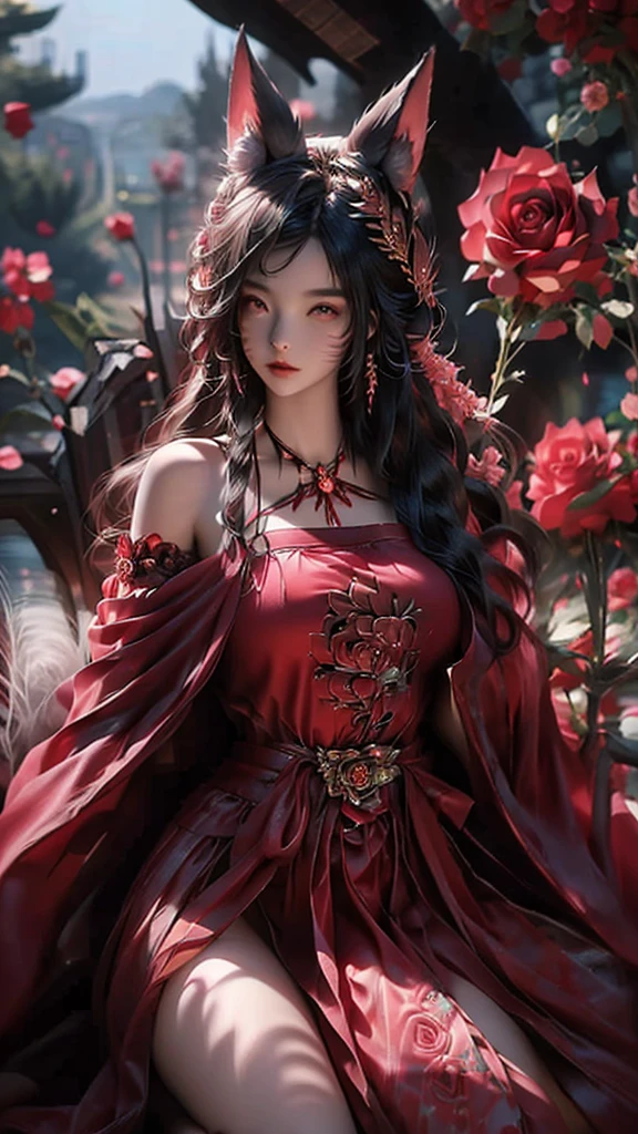 best quality,masterpiece,Ultra-high resolution,(truthfully:1.4),Roses every day(background),20-year-old rose goddess(Japanese Girls),Long hair above waist,Single Horsetail,Cute eyes,Big breasts,Perfect body,,Beautiful red rose dress,Crouching in a sea of roses,