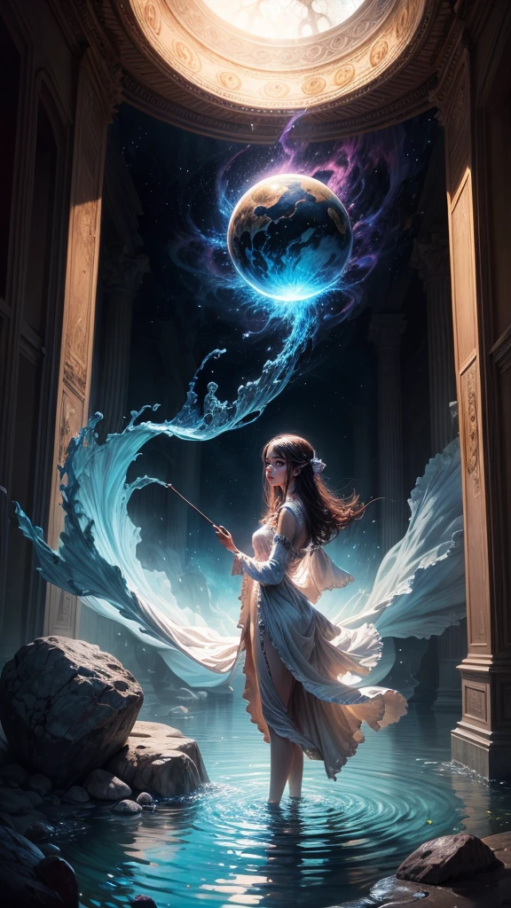 Painting: An enchanting artwork portraying a girl wearing silk, standing at the edge of a mystical pool, surrounded by swirling enchantments, with the distant planet casting an ethereal light upon her.
