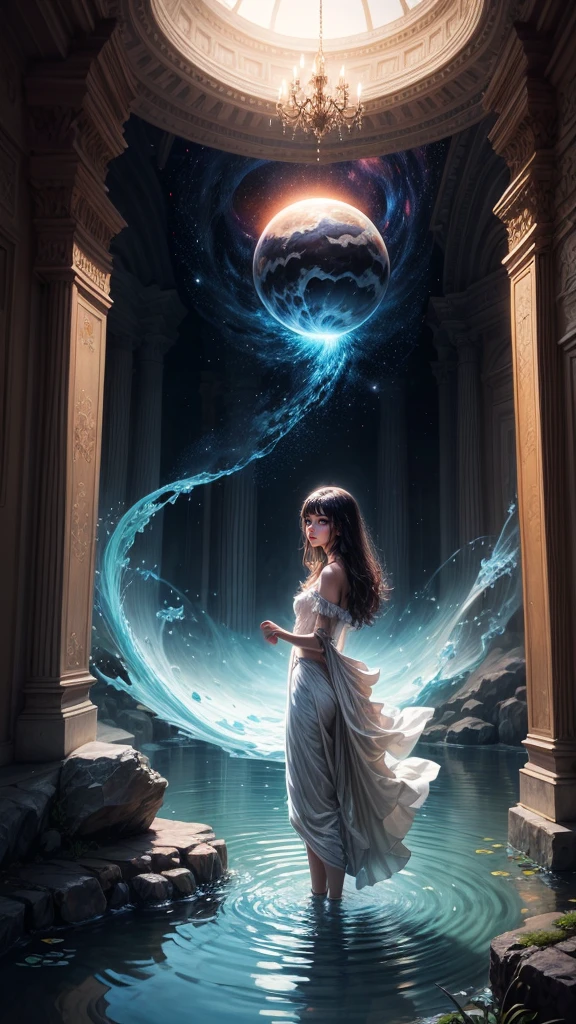 Painting: An enchanting artwork portraying a girl wearing silk, standing at the edge of a mystical pool, surrounded by swirling enchantments, with the distant planet casting an ethereal light upon her.
