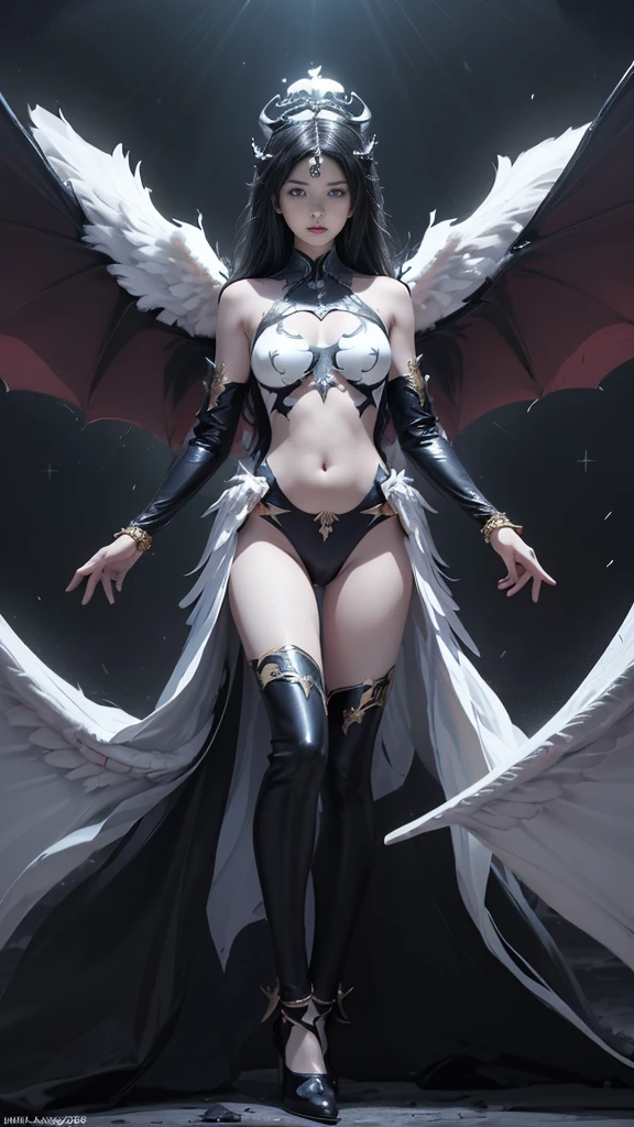 (Realistic picture, highest resolution, 16ก), (A demon god with wide wings and enormous power on his shoulders..., Twelve wings on the shoulders., black bat wings:1.3 white angel wings:1.5), 6 angel wings, 6 devil wings, (Beautiful girl with two meter long hair, shiny black hairงาม, Smooth white skin, Lips are very red.), ((stand, already)), (big breasts, หัวBig tits), (gigantic breast, breast augmentation, Breast 400 cc., small waist, hips raised, small thighs, Long legs), (dynamic poses), (Armor that slightly conceals the body), Separate theme, (Angel wings and devil wings), floating in the air above the groundดิน, background darkness, Embraced with twelve wings, wearing a large king crown, crown shining bright, wears little armor, There is power coming out of the body., sparkling wings, white light black light, amazing wings, beautiful gesture, 8K resolution, Resolution 4000 x 2250 pixels, beautiful gesture, Angel wings and devil wings, (Realistic picture, highest resolution, 16K), (A demon god with wide wings and enormous power on his shoulders.., Twelve wings on the shoulders., black bat wings:1.3 white angel wings:1.5), Have wings 100 Have wings 1000, Angel wings and bat wings, wings inserted between wings, 12 wings, 6 angel wings, 6 bat wings, (Beautiful girl with two meter long hair, shiny black hair, Smooth white skin, Lips are very red.), very long hair, ((stand, toe)), (big breastsโต, หัวBig tits), (gigantic breast, small waist, hips raised, small thighs, Long legs), (dynamic poses), (black and white leotard, There are beautiful patterns., Decorated with gold embroidery., Show off your chest), Separate theme, (Angel Wings and Demon Lord Wings), floating in the air above the ground, background darkness, Embraced with twelve wings, white and black light crown, A rainbow glow on the back of the head, The most busty breasts, Big tits, universe backdrop, dynamic gesture.