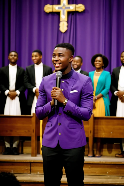 This same Young African man with fade haircut. He is leading a song in church. He is holding a microphone. He is standing facing people. The church is a pentecostal church with purple decorations on the altar