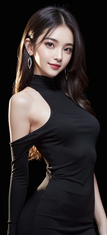 (((masterpiece:1.4, Highest quality:1.4, 8k, Ultra-high resolution, Physically Based Rendering))), Portraiture, Super beautiful sexy woman, 20-year-old, Large eyes with great detail, Fine thin eyebrows, Eye highlights, half-up dark brown hair, Highly detailed face and skin texture, Clear focus:1.2, Slender beauty:1.4, Slim Abs, Tight waist, (A kind smile:1.2), Are standing, Tight transparent black knit dress, Off the shoulder, No sleeve, ((Simple dark background, Backlight:1.1)),