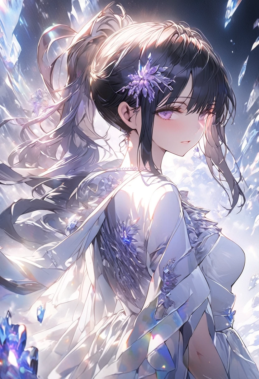a beautiful woman with long deep blue hair in a ponytail, violet eyes with a cold and powerful gaze, wearing an amethyst crystal necklace and a cape,an overwhelming regal aura, (best quality, masterpiece:1.2),ultra-detailed,2d anime,digital art, highly detailed facial features, porcelain skin, dramatic lighting, cinematic composition, fantasy, elegant flowing dress, dramatic shadows, moody atmosphere, deep rich colors, anime version