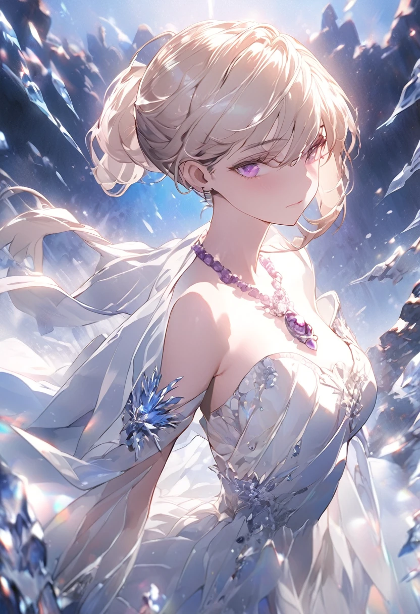 a beautiful woman with long deep blue hair in a ponytail, violet eyes with a cold and powerful gaze, wearing an amethyst crystal necklace and a cape,an overwhelming regal aura, (best quality, masterpiece:1.2),ultra-detailed,2d anime,digital art, highly detailed facial features, porcelain skin, dramatic lighting, cinematic composition, fantasy, elegant flowing dress, dramatic shadows, moody atmosphere, deep rich colors, anime version