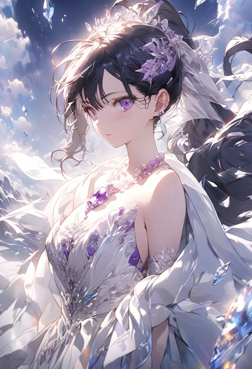 a beautiful woman with long deep blue hair in a ponytail, violet eyes with a cold and powerful gaze, wearing an amethyst crystal necklace and a cape,an overwhelming regal aura, (best quality, masterpiece:1.2),ultra-detailed,2d anime,digital art, highly detailed facial features, porcelain skin, dramatic lighting, cinematic composition, fantasy, elegant flowing dress, dramatic shadows, moody atmosphere, deep rich colors, anime version