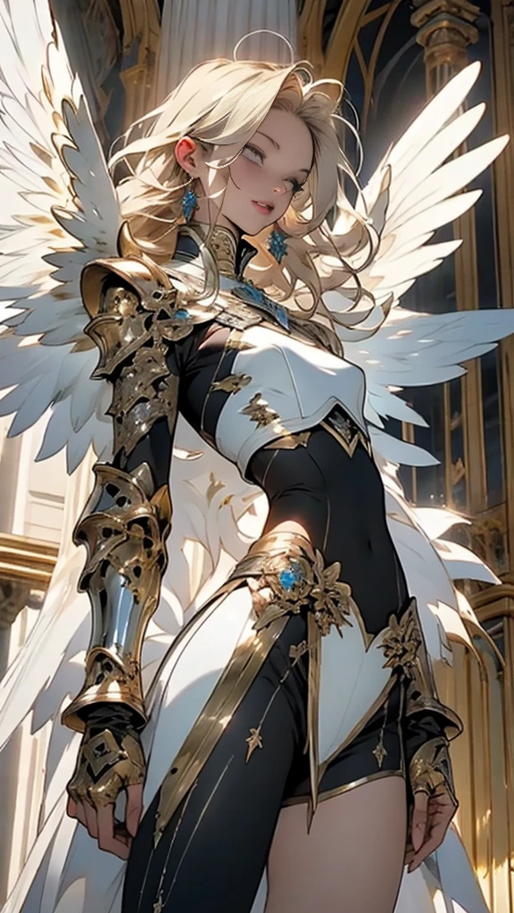 (((mtu))), (((best qualityer))), (((tmasterpiece))), (((AS-Adult))), Look up from your knees, Handsome catholic holy angel，giant shiny intricate wings, perfect body figure, celestial armor, shiny gloves on your hands，The left arm is armored gold，Made of protective devices, The eyes are pulled, (( Appears below the chest )), (( Small dental floss )), Simon Bisley,Castle City Wilderness，For high-resolution posters, hair straight, prudish clothes ,  Full of tips and rivets, tribal tattoos, (((full bodyesbian))), fire blond flowy hair 