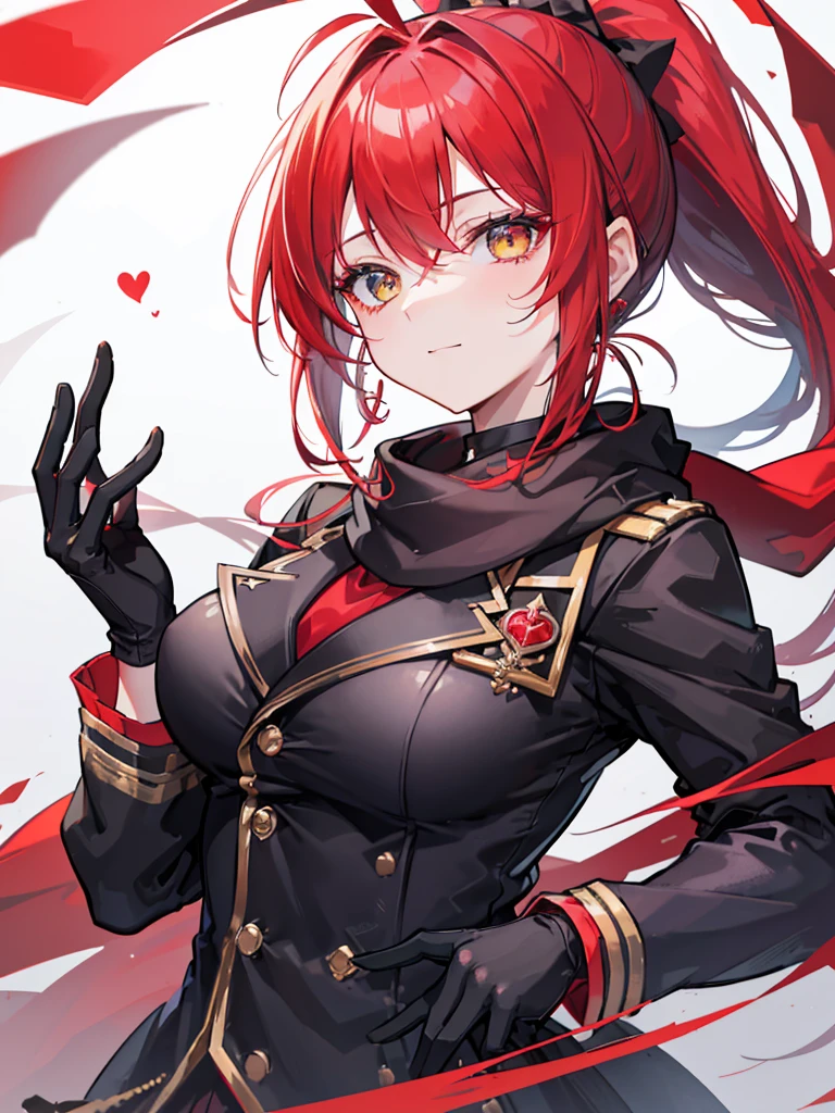 Face Focus , ((Highest quality)), ((Tabletop)), Perfect Face, Official Art,,Beautiful Face,Earrings,((((Crimson hair)))),heterochromia , ((right yellow eye)) , ((left blue eye)),(((Odd Eye))),Textured skin, Ultra high definition, Very detailed, ((((Blazer Uniform)))), ((((Close-up)))),((((One girl)))), Gauze, Simple Background, earrings,Wet Hair, ((((((Face-up)))))),bangs,((((solo)))), Close your mouth, Bangs between the eyes, choker,first round,((((ponytail)))),smile,Ahoge Sideburns, (((Red scarf))),((((black gloves)))),big breast,顔の横に手を置く,手をこちらに振る,heart effect,ハートの瞳