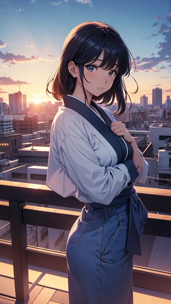 takahashi rumiko style, japan animation illust, trendy women at the city rooftop, blue sunset, 8k quality, the environment should view bigger than the character and give more clear details and textures.