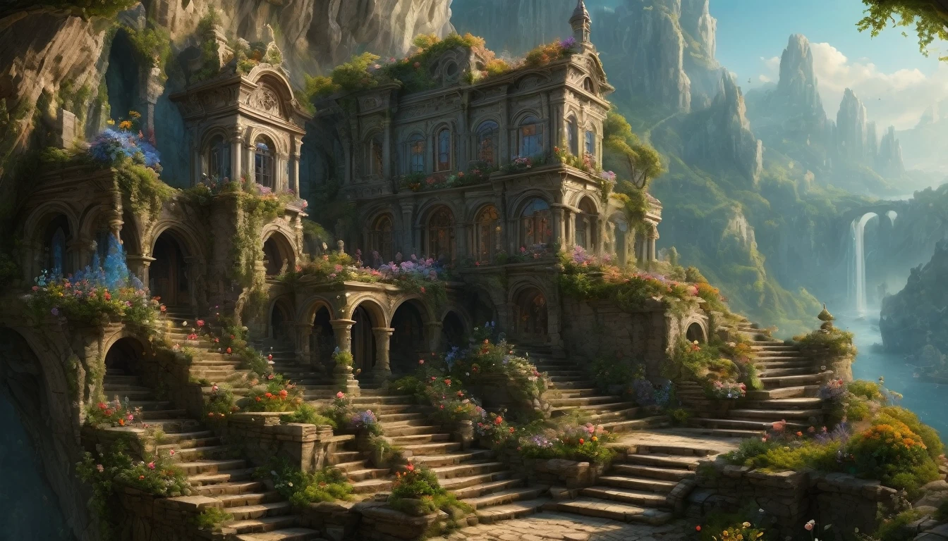 (masterpiece, best quality,Ultra-high resolution),Surrealism,Beautiful and detailed scenery,European Fantasy Art, A city built on a cliff, House carved on the wall, A city with depth,Depth of Field,portrait,Role Playing Game Artwork,Magnificent views,Ultra-detailed realism captures messy textures,Octane Rendering,rococo style