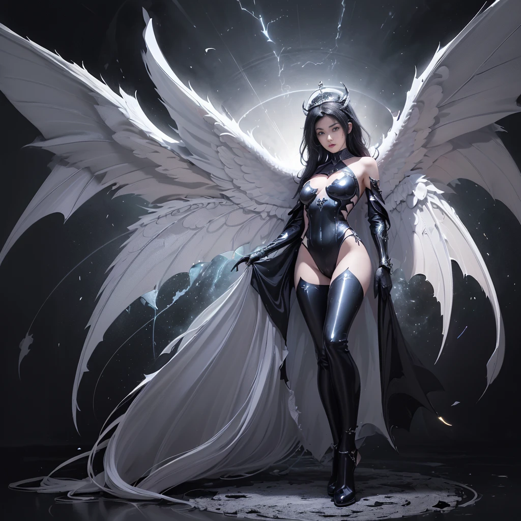 (Realistic picture, highest resolution, 16ก), (A demon god with wide wings and enormous power on his shoulders..., Twelve wings on the shoulders., black bat wings:1.3 white angel wings:1.5), 6 angel wings, 6 devil wings, (Beautiful girl with two meter long hair, shiny black hairงาม, Smooth white skin, Lips are very red.), ((stand, already)), (big breasts, หัวBig tits), (gigantic breast, breast augmentation, Breast 400 cc., small waist, hips raised, small thighs, Long legs), (dynamic poses), (Armor that slightly conceals the body), Separate theme, (Angel wings and devil wings), floating in the air above the groundดิน, background darkness, Embraced with twelve wings, wearing a large king crown, crown shining bright, wears little armor, There is power coming out of the body., sparkling wings, white light black light, amazing wings, beautiful gesture, 8K resolution, Resolution 4000 x 2250 pixels, beautiful gesture, Angel wings and devil wings, (Realistic picture, highest resolution, 16K), (A demon god with wide wings and enormous power on his shoulders.., Twelve wings on the shoulders., black bat wings:1.3 white angel wings:1.5), Have wings 100 Have wings 1000, Angel wings and bat wings, wings inserted between wings, 12 wings, 6 angel wings, 6 bat wings, (Beautiful girl with two meter long hair, shiny black hair, Smooth white skin, Lips are very red.), very long hair, ((stand, toe)), (big breastsโต, หัวBig tits), (gigantic breast, small waist, hips raised, small thighs, Long legs), (dynamic poses), (black and white leotard, There are beautiful patterns., Decorated with gold embroidery., Show off your chest), Separate theme, (Angel Wings and Demon Lord Wings), floating in the air above the ground, background darkness, Embraced with twelve wings, white and black light crown, A rainbow glow on the back of the head, The most busty breasts, Big tits, universe backdrop, dynamic gesture.