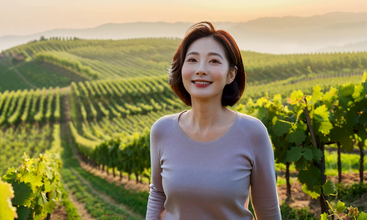 Italy foggy countryside dawn, Endless vineyards, A cathedral can be seen far away in the fog.. Korean woman in her 40s, Wearing a luxury brand slightly thick knit and T-shirt, casual pants, Korean woman with short and medium hair, hair is beautiful. Standing on a path on top of a vineyard hill, Beautiful Korean woman with bright and clear skin, the neck is long and beautiful. Inspired by Yoo Ji-in. Beautiful Korean woman smiling, standing in the vineyard,1 woman, Your eyes are big and pretty, standing on a hill in a vineyard, 1 woman, Clear picture quality, Fair skin and no wrinkles on the neck, The eyes are clear and big, Hair texture is clean and shiny, eyes are big, three dimensional grape leaves, Put your hands in your pockets, Beautiful woman like a model, Vivid picture quality
